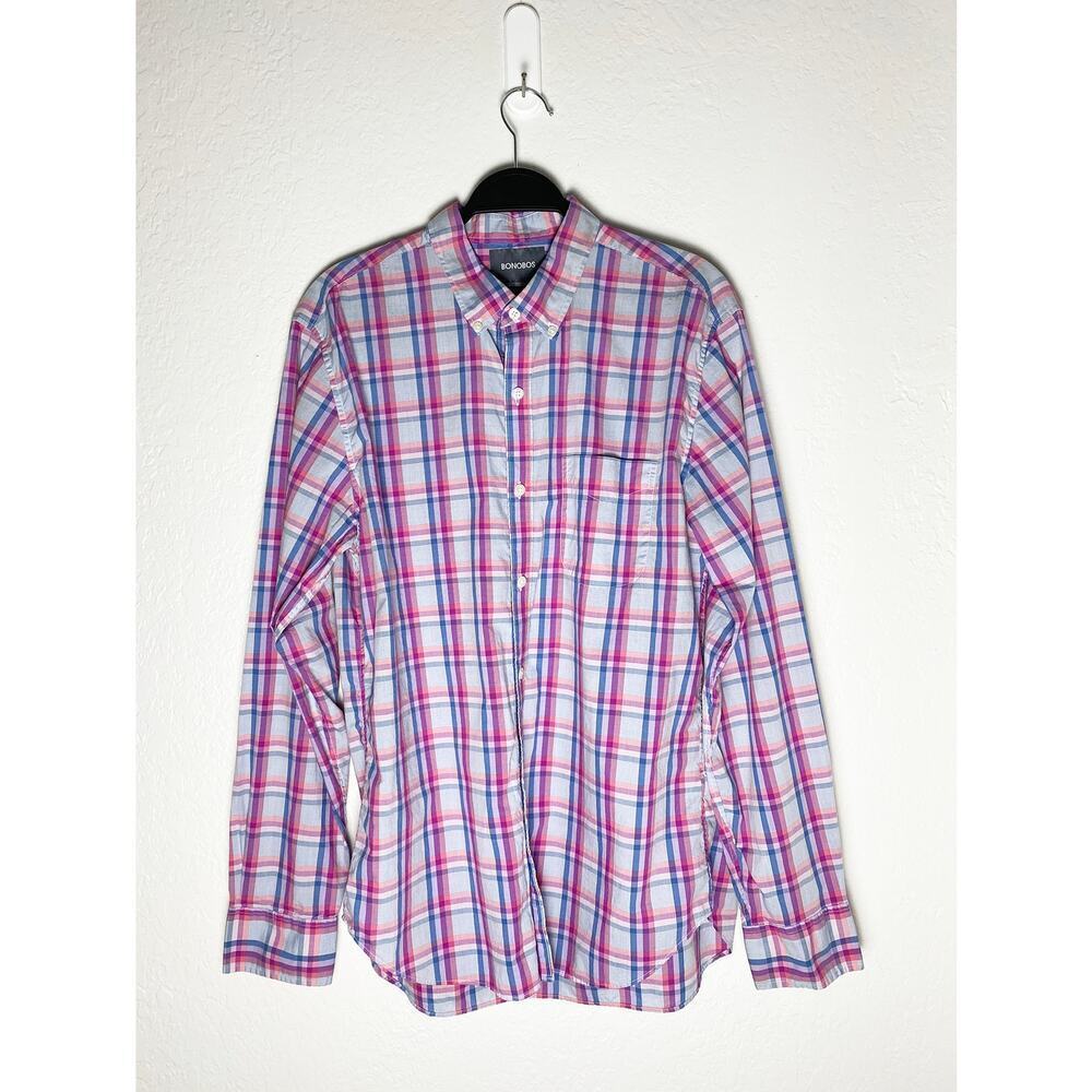 Bonobos Men's Cotton Shirt‎ Slim Fit Button Front Long Sleeve Blue Red Plaid
